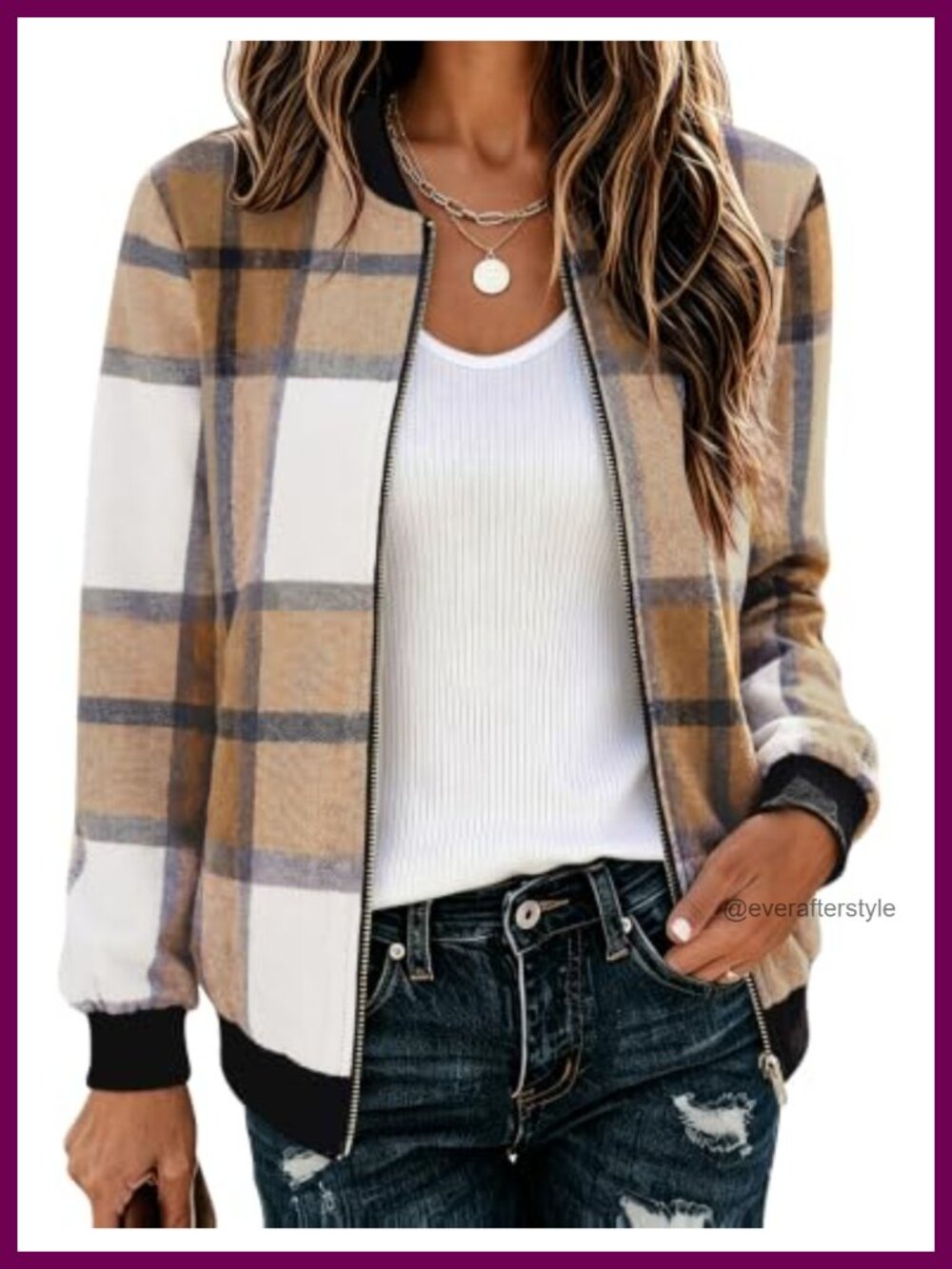 Women's Plaid Flannel Bomber Jacket Lightweight Zip Up Casual Coat